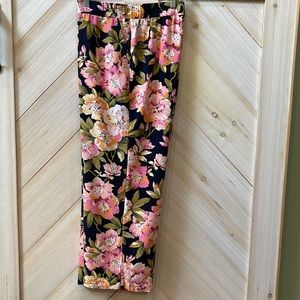 Wide Leg Crop pants Sz L,  Floral pink/peach print on navy blue